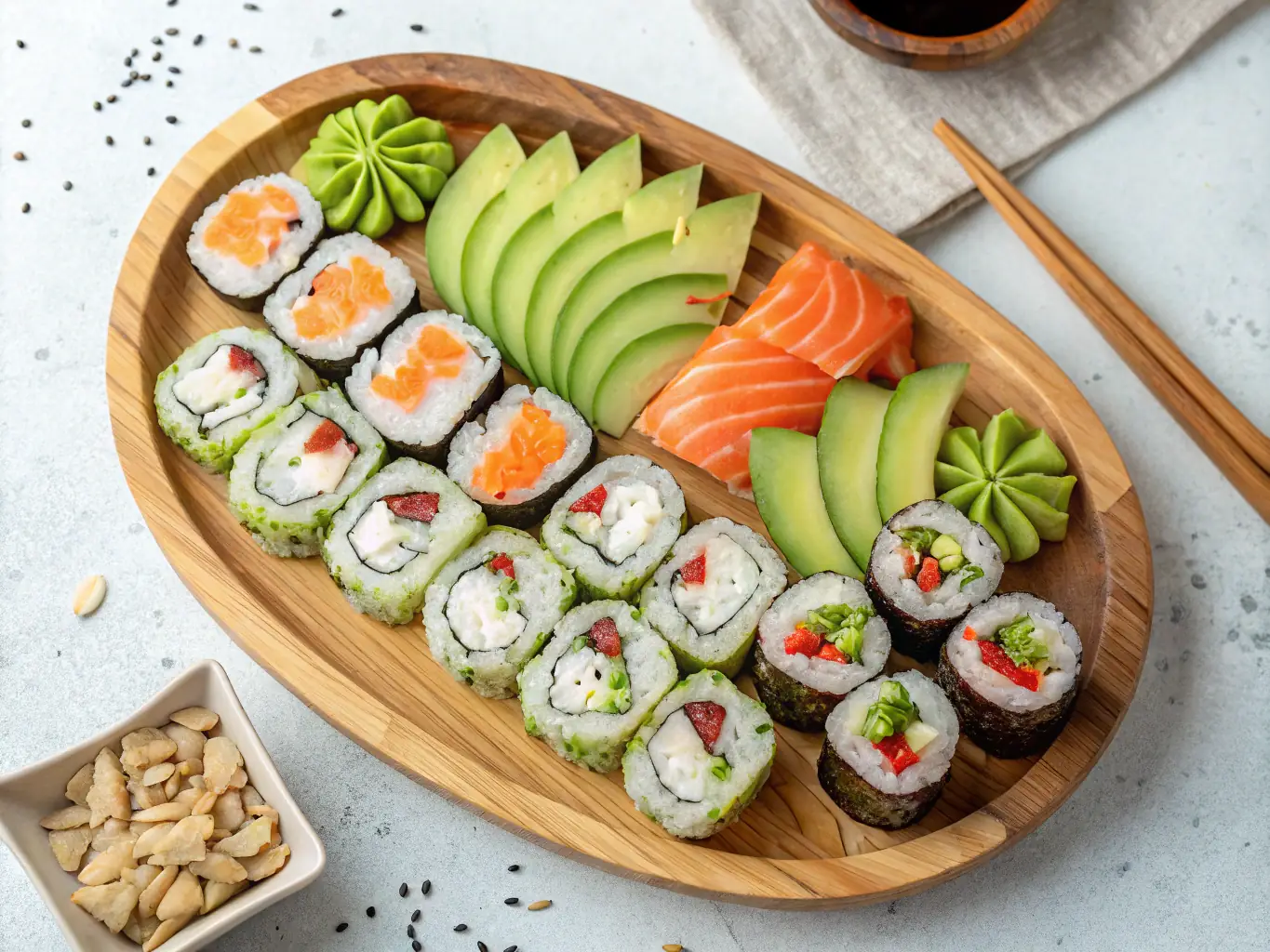 Eine bunte Auswahl an veganen Sushi-Rollen, darunter Avocado-Rollen, Gurken-Rollen und Gemüse-Tempura-Rollen, kunstvoll auf einer hölzernen Servierplatte arrangiert. Das Bild unterstreicht die Vielfalt und den visuellen Reiz der veganen Sushi-Varianten.