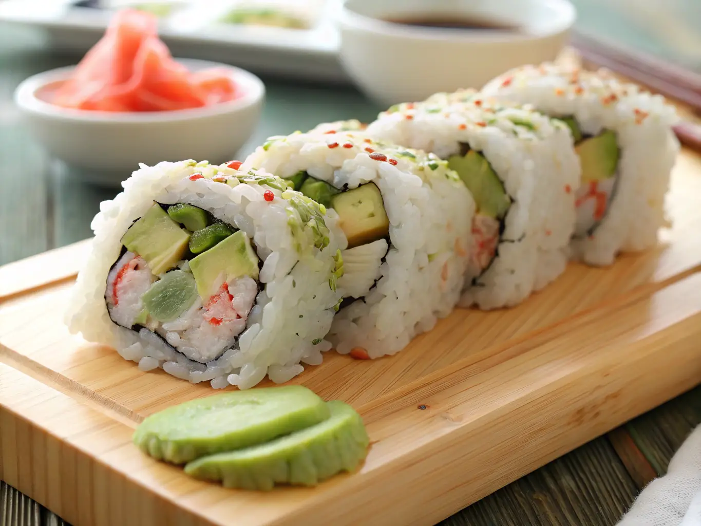 Eine Nahaufnahme einer Veggie-Maki-Rolle, die die leuchtenden Farben der frischen Gurken-, Avocado-, Karotten- und Paprika-Füllung zeigt, die in Nori und Sushi-Reis eingewickelt ist. Das Bild unterstreicht die Frische und Einfachheit der veganen Zutaten.